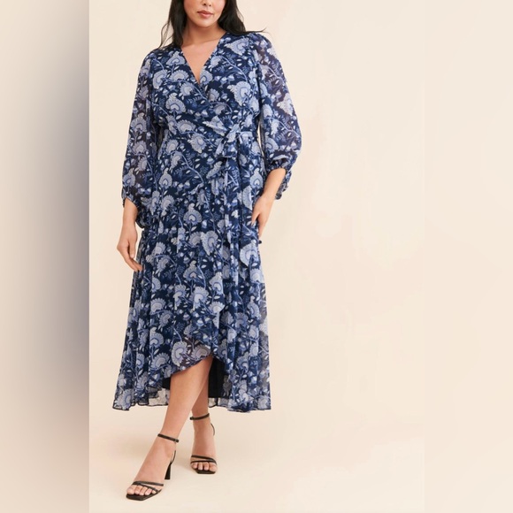 Hutch Anthropologie NEW Blue Abstract Floral Wrap Maxi Dress Semi Formal  Size 3X